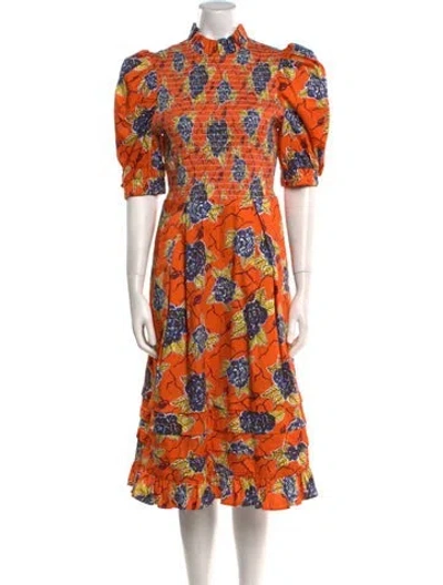 Pre-owned Autumn Adeigbo Floral Print Midi Length Dress W/ Tags In Orange