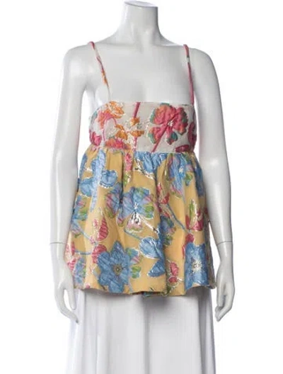 Pre-owned Autumn Adeigbo Floral Print Square Neckline Top In Metallic/yellow
