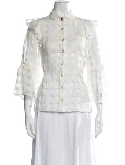 Pre-owned Autumn Adeigbo Patterned Three-quarter Sleeve Blouse In White