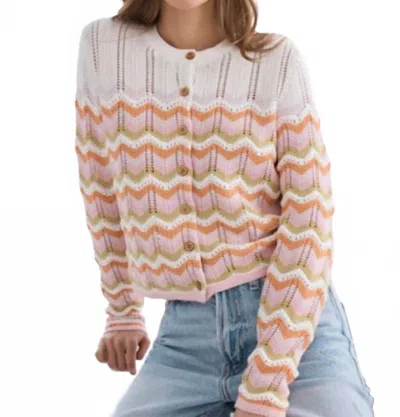 Autumn Cashmere Boxy Zig Zag Stitch Crew Neck Cardigan In Latte Combo In Multi