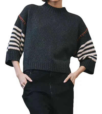 Autumn Cashmere Chunky Crewneck Sweater With Wide Sleeve In Charcoal Combo In Blue