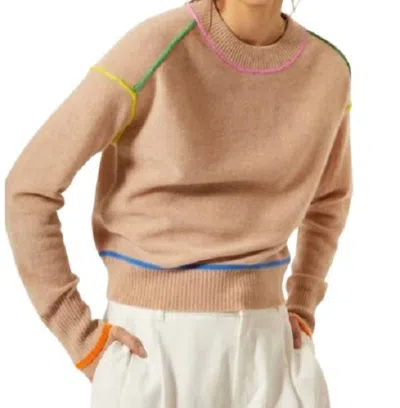 Autumn Cashmere Crew With Multi Color Seams Top In Cappuccino Brights