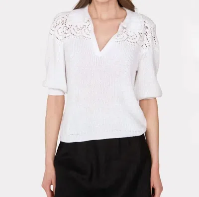 Autumn Cashmere Elbow Sleeve Crochet Johnny Collar Top In Bleach/white