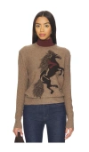 Autumn Cashmere Intarsia Horse Crew Sweater With Fringe In Brown