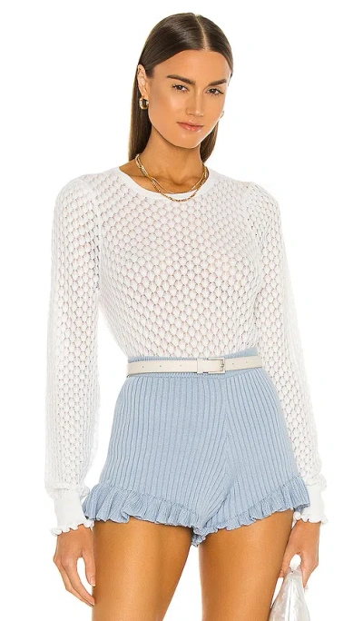 Autumn Cashmere Leaf Pointelle Bishop Sleeve Crew Top In Bleach White