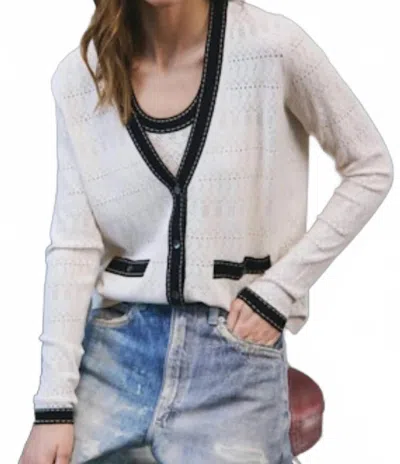 Autumn Cashmere Pointelle V-neck Saddle Stitching Cardigan In Sand Combo In White