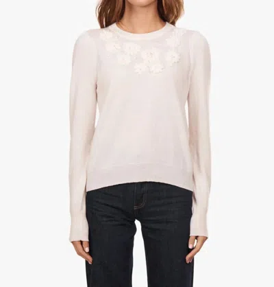 Autumn Cashmere Puff Sleeve Crew With Floral Embroidery In Chalk In White
