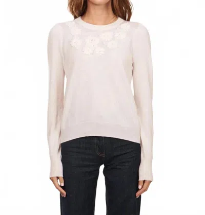 Autumn Cashmere Puff Sleeve Crew With Floral Embroidery Top In Chalk