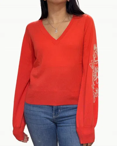 Autumn Cashmere Puff Sleeve V Sweater With Contrast Embroidery In Coral Combo In Red