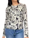 Autumn Cashmere Rose Print Crew Sweater In Black/white Combo In Multi