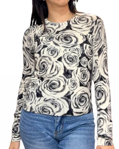 Autumn Cashmere Rose Print Crew Sweater In Black/white Combo In Multi