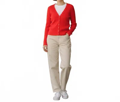 Autumn Cashmere Scallop Edges Rib V-neck Cardigan In Tomato Red