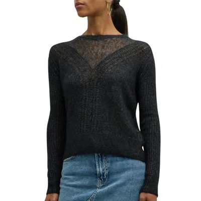 Autumn Cashmere Shaker Cable Crew Sweater With Sheer Yoke In Black