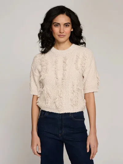 Autumn Cashmere Short Sleeve Fringe Crewneck Sweater In White In Neutral