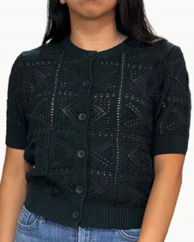 Autumn Cashmere Short Sleeve Tile Stitch Cardigan In Juniper In Black