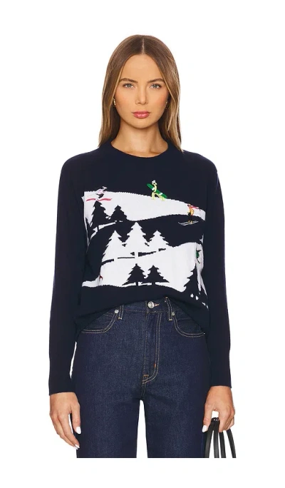Autumn Cashmere Snowscape Sweater With Skiers In Navy Combo