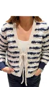 Autumn Cashmere Tie Front Fancy Stitch Open Cardigan In Sand/navy Combo