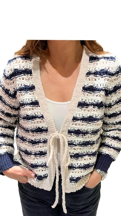 Autumn Cashmere Tie Front Fancy Stitch Open Cardigan In Sand/navy Combo