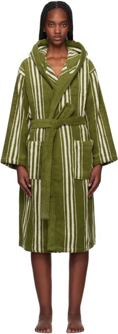 Autumn Sonata Green Striped Bathrobe In Olive & Cream