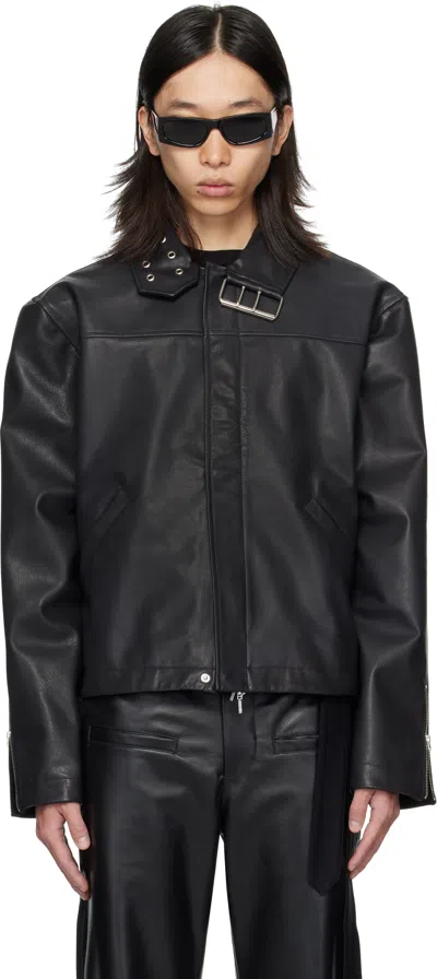 Av Vattev Black Collar Belt Leather Jacket