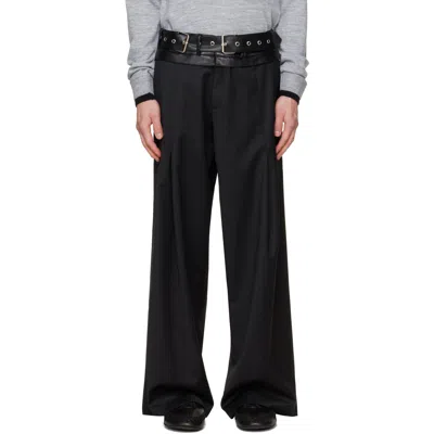 Av Vattev Black Double Leather Belt Pleated Trousers In Black Wool
