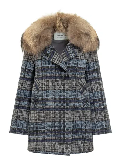 AVA ADORE FUR-COLLAR CHECKED-PATTERN COAT