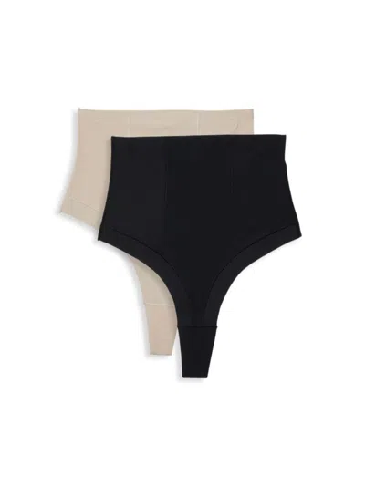 Ava & Aiden Women's 2-pack Control Top Thongs In Black Beige