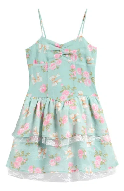 Ava & Yelly Kid's Floral Lace Trim Chiffon Tiered Dress In Green