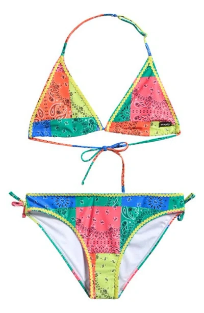 Ava & Yelly Kids' Bandana Patchwork Print Two-piece Swimsuit In Green Multi