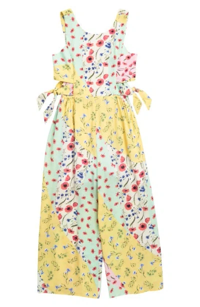 Ava & Yelly Kids' Challis Side Knot Jumpsuit In Yellow/ Multi