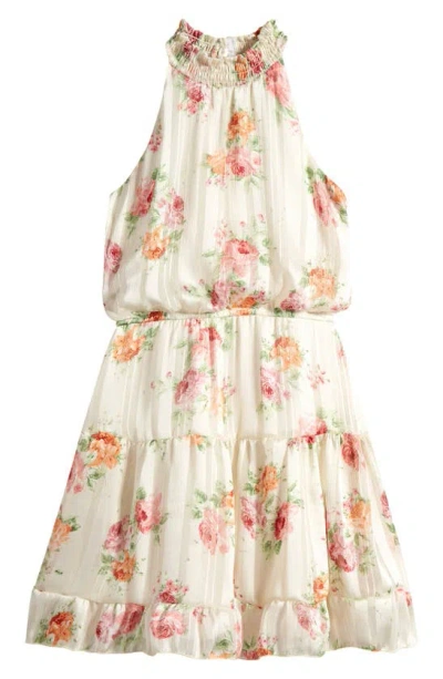 Ava & Yelly Kids' Crinkle Chiffon Tiered Dress In Ivory Floral