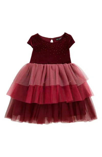 Ava & Yelly Kids' Crystal Embellished Tiered Tulle Dress In Burgundy