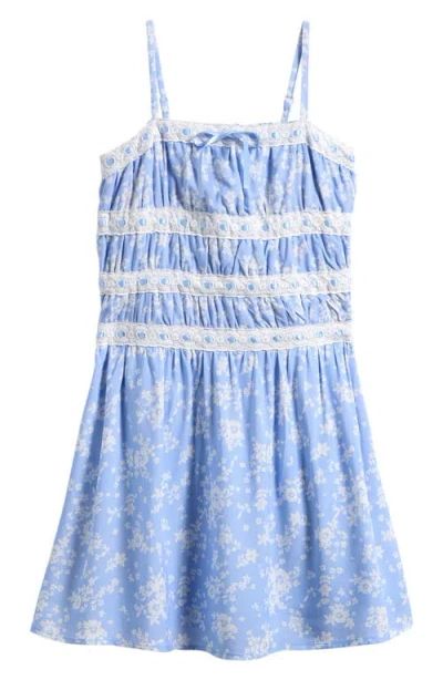 Ava & Yelly Kids' Ditsy Floral Ribbon & Lace Trim Dress In Blue