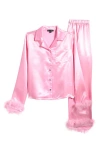 Ava & Yelly Kids' Faux Fur Trim Satin Pajamas In Blush