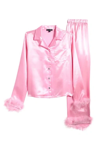 Ava & Yelly Kids' Faux Fur Trim Satin Pajamas In Blush