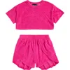 Ava & Yelly Kids' Faux Pearl Cover-up Crop Top & Shorts Set In Fuchsia