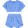 Ava & Yelly Kids' Faux Pearl Cover-up Crop Top & Shorts Set In Periwinkle