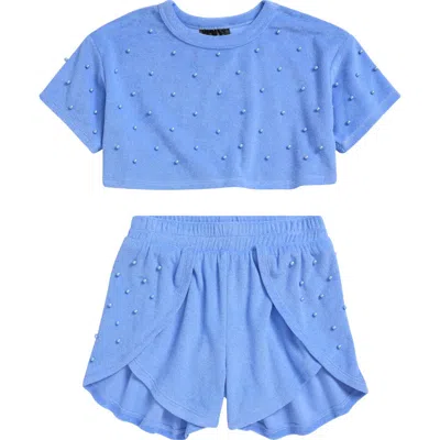 Ava & Yelly Kids' Faux Pearl Cover-up Crop Top & Shorts Set In Periwinkle