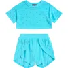 Ava & Yelly Kids' Faux Pearl Cover-up Crop Top & Shorts Set In Seafoam