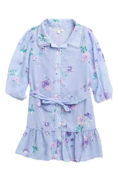 Ava & Yelly Kids' Floral Print Button Down Trapeze Dress In Blue