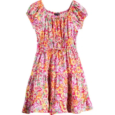 Ava & Yelly Kids' Floral Puff Sleeve Dress In Fuchsia