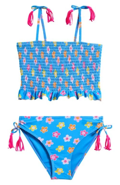 Ava & Yelly Kids' Floral Ruffle Smocked Two-piece Swimsuit In Blue