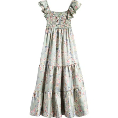 Ava & Yelly Kids' Floral Smocked Bodice Satin Maxi Dress In Sage Floral