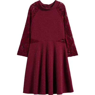 Ava & Yelly Kids' Lacy Long Sleeve Skater Dress In Red