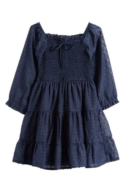 Ava & Yelly Kids' Metallic Smocked Bodice Long Sleeve Clip-dot Chiffon Party Dress In Blue