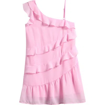 Ava & Yelly Kids' One-shoulder Ruffle Dress In Blush