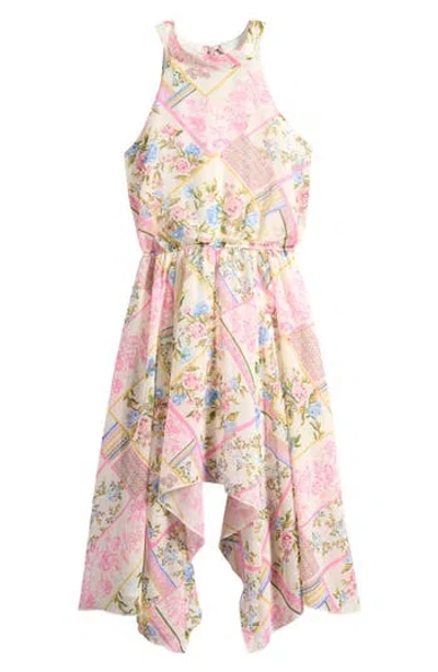 Ava & Yelly Kids' Patchwork Print Chiffon Sleeveless Handkerchief Hem Dress In Off White