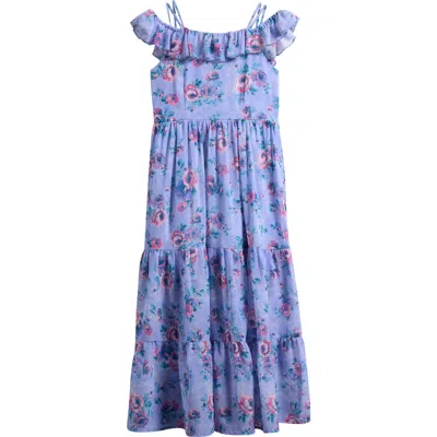 Ava & Yelly Kids' Print Ruffle Chiffon Maxi Dress In Blue