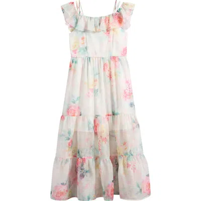 Ava & Yelly Kids' Print Ruffle Chiffon Maxi Dress In Ivory