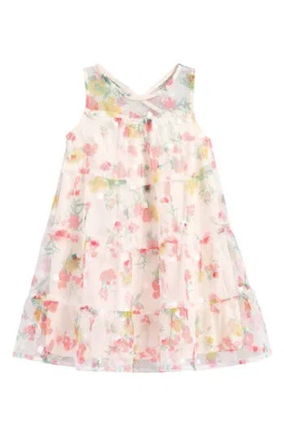 Ava & Yelly Kids' Printed Mesh Trapeze Party Dress In Off White/pink Multi